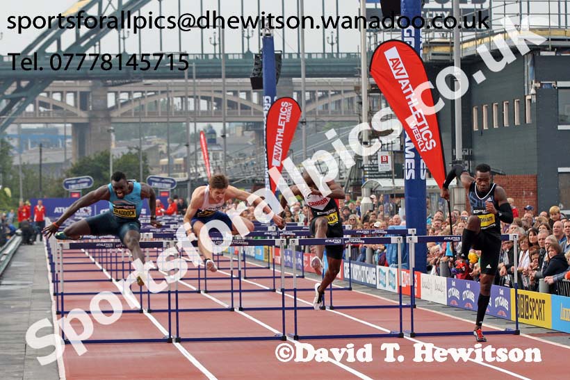 Shane Braithwaite wins the 110 metres hurdles from Lawrence Clarke and Kevin Craddock, Great North CityGames. Photo: David T. Hewitson/Sports for All Pics